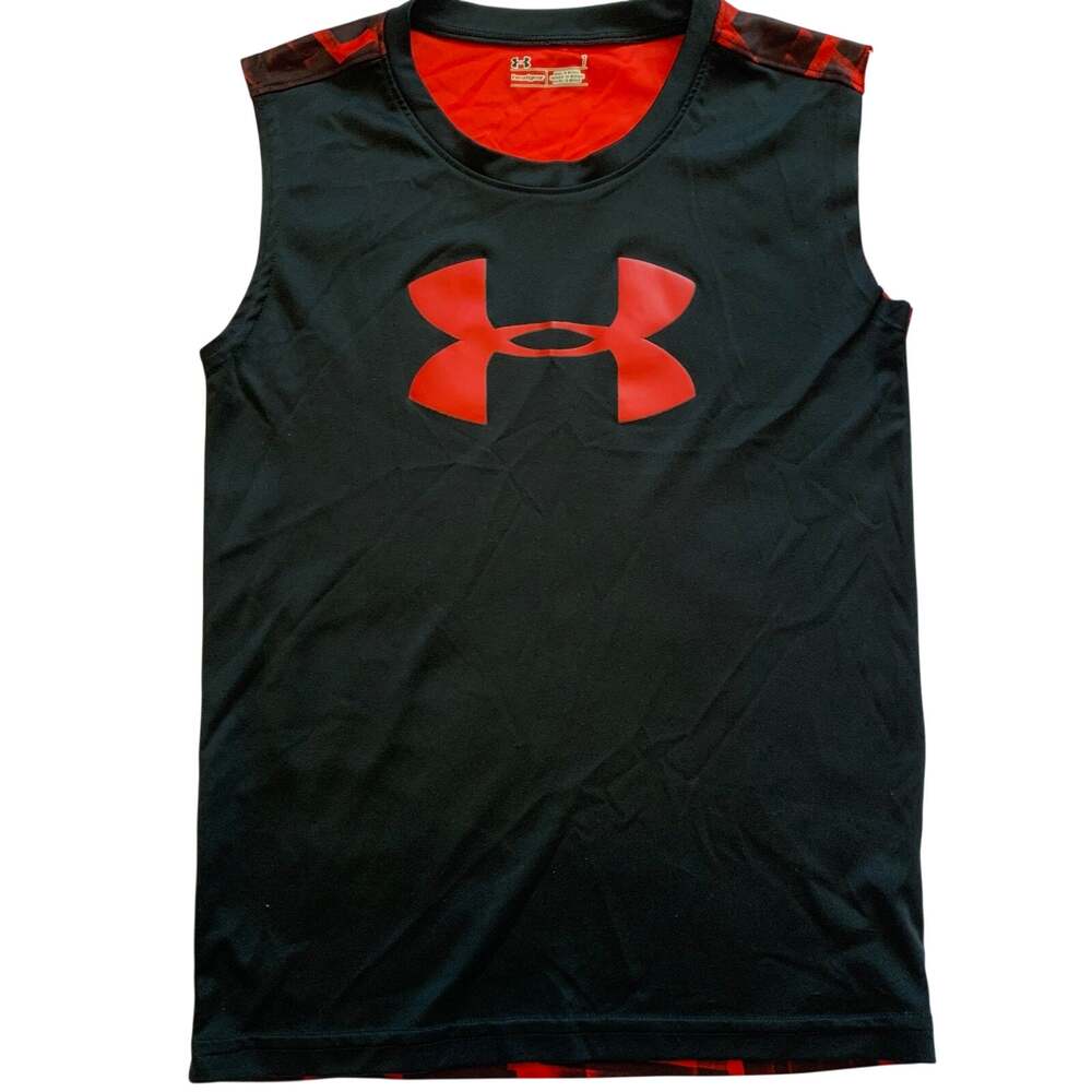 Under Armour Boys Size 7 Black Red Sleeveless HeatGear Athletic Shirt Logo